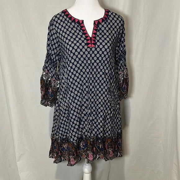 Umgee Tops - Umgee USA Womens small Tunic Dress Blue Embroidered Boho Aline Medallion